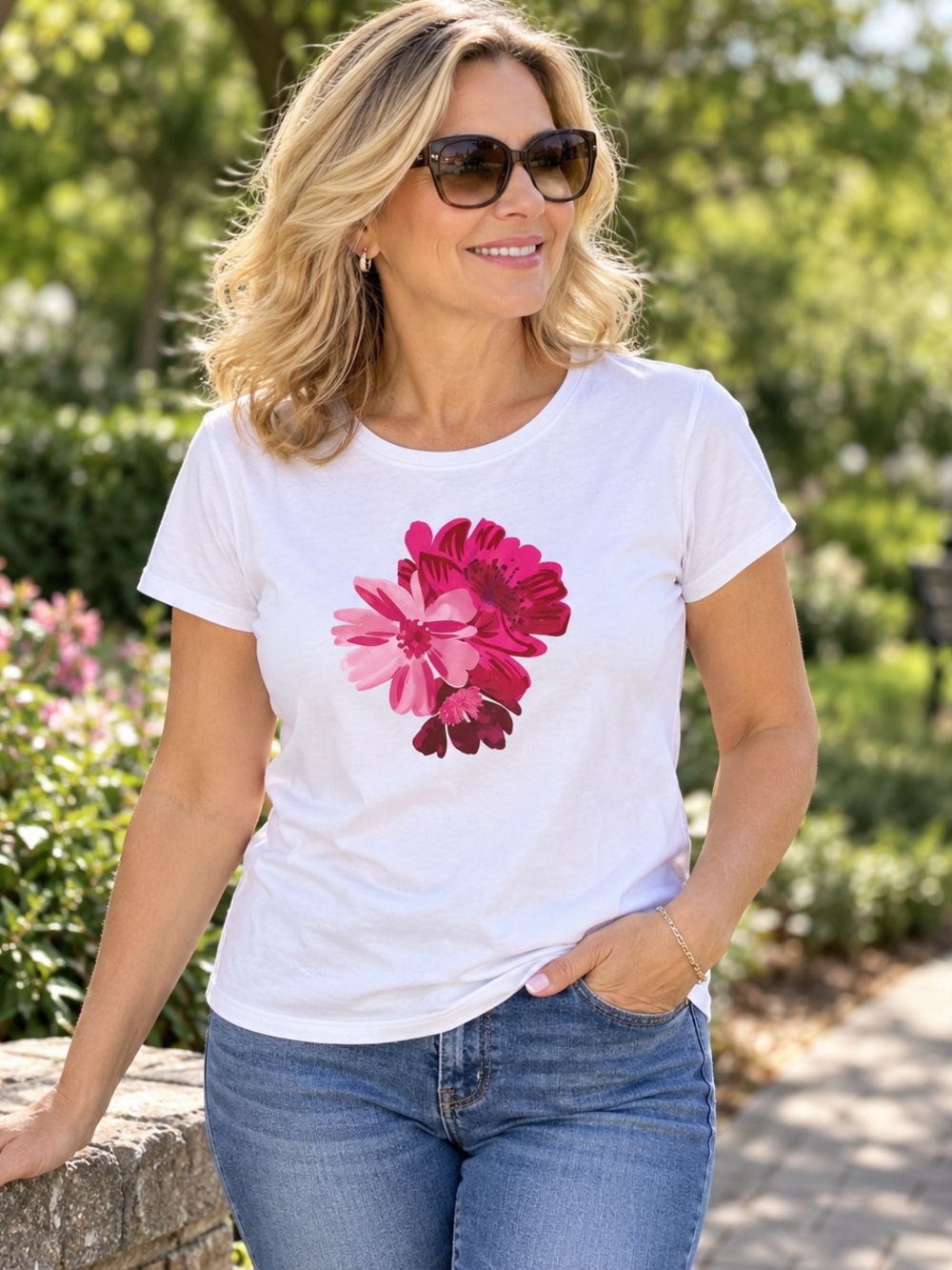 Talbots White Short-Sleeve Tee with Pink Floral Graphic